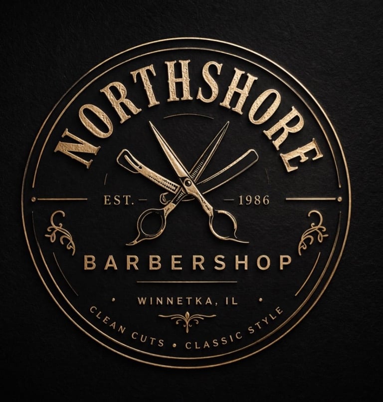 NorthShore Barbershop logo featuring gold text and scissor design on black circular background